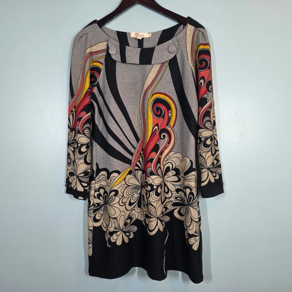 Aryeh Women Grey Black Floral Psychedelic Long Sleeve Shift Dress Medium RN82312